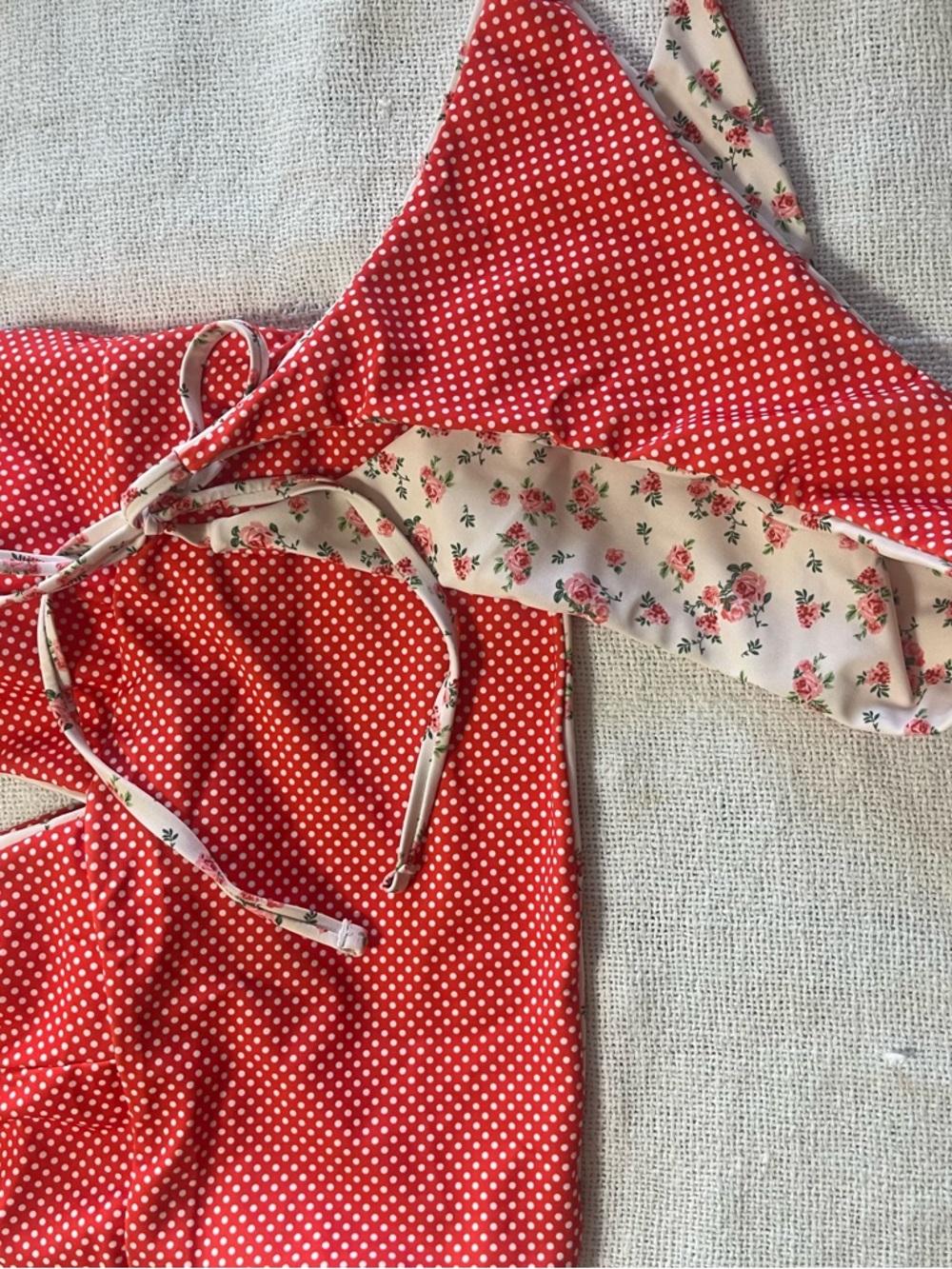 SeaMolly Reversible Bikini Floral Orange W/ Polkadots, String Med Tag Still On